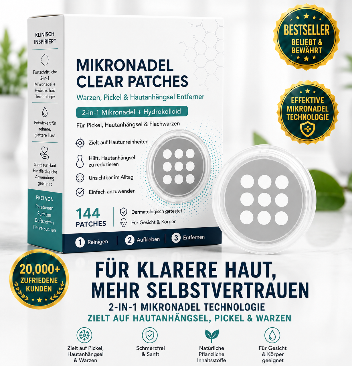 ✨ 2-in-1 Mikronadel- & Hydrokolloid-Pflaster 🍀 | Entfernt erhabene Muttermale, Akne, Flachwarzen & Hautanhängsel | Kann helfen, Falten, Narben & Hautunreinheiten zu verbessern | Unsichtbare Pflaster für Gesicht & Körper